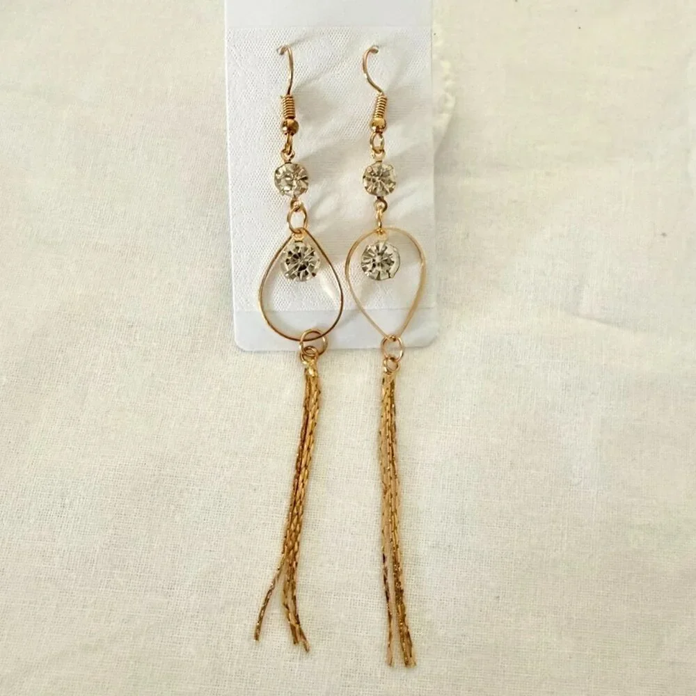 Gold Dangling Earrings With Teardrop Design And Rhinestones Long Chain Tassels